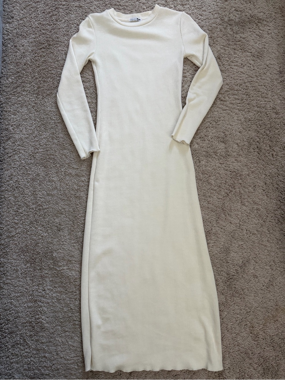 Women's Cream Ribbed Long Sleeve Maxi Dress